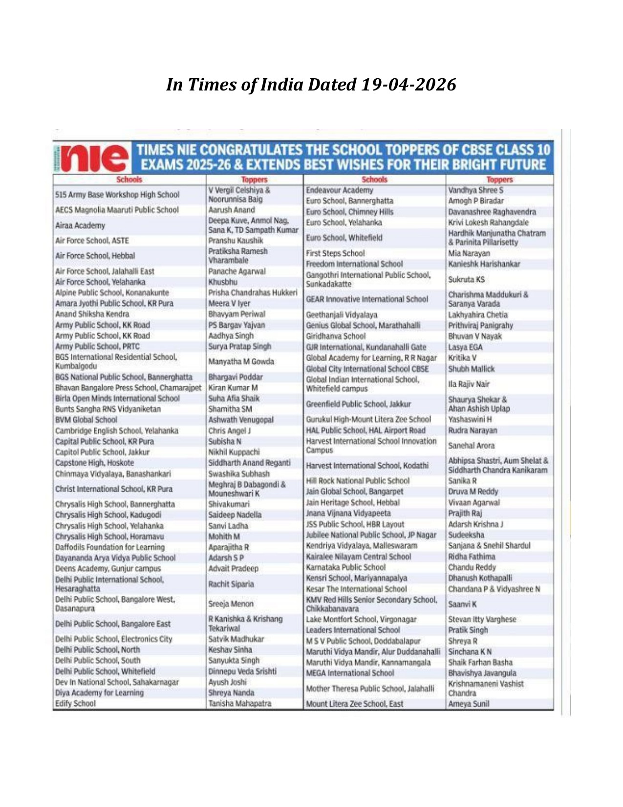 Times of India NIE — CBSE Class X Toppers 2025-26