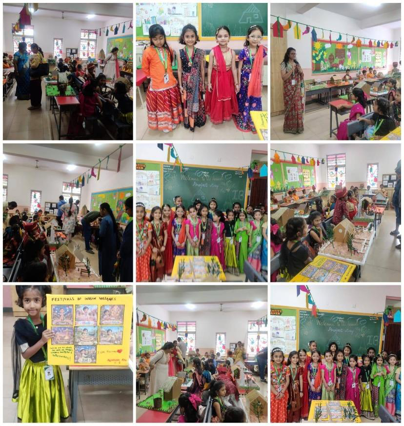 Primary students in cultural attire at their Creative Paradigm Project Day displays, AECS Magnolia Maaruti
