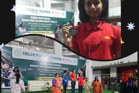 Student Life in AECS Sanvi R. P. of AECS Magnolia Maaruti Public School with her bronze medal and on the podium at the CBSE National Shooting Championship 2026