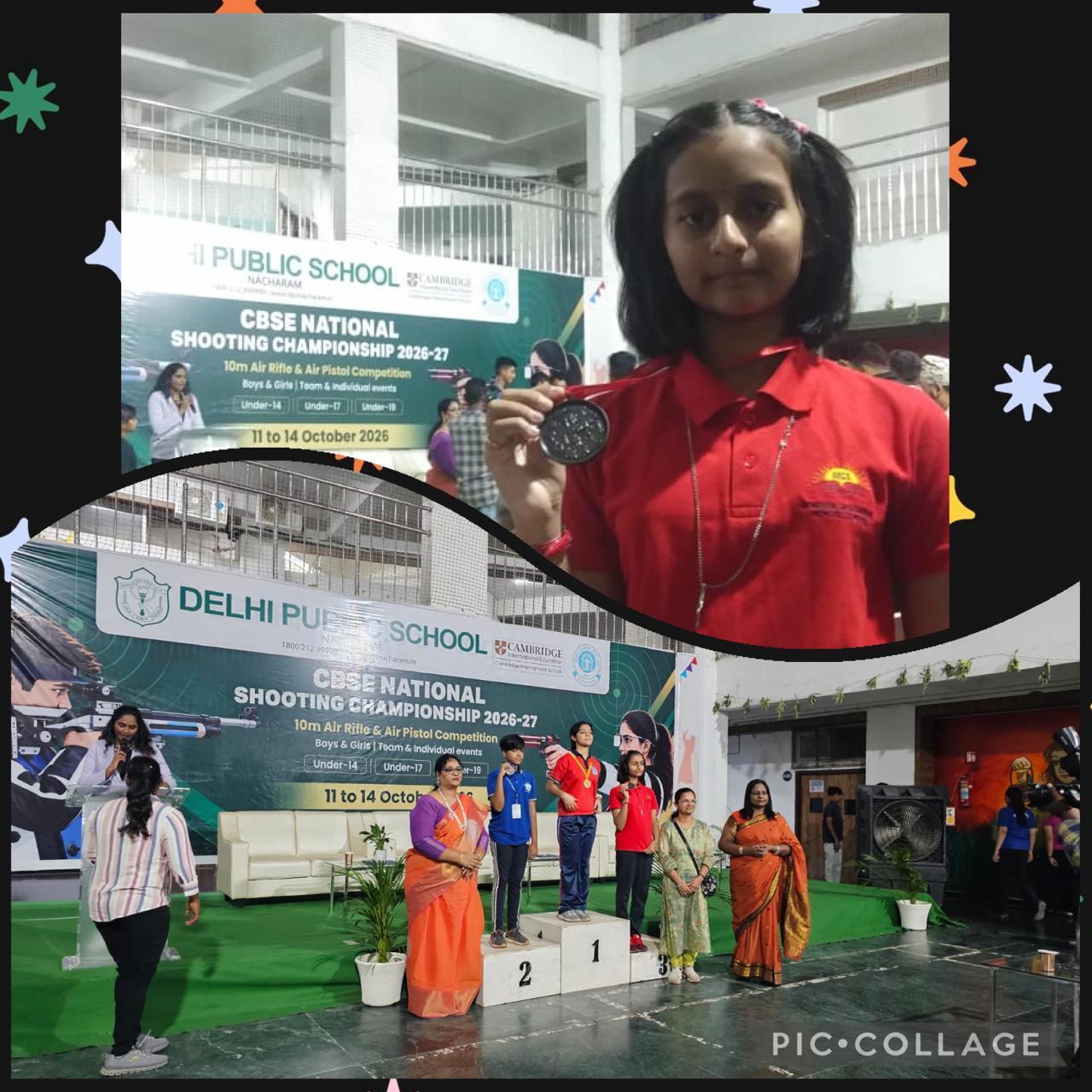 Sanvi R. P. of AECS Magnolia Maaruti Public School with her bronze medal and on the podium at the CBSE National Shooting Championship 2026